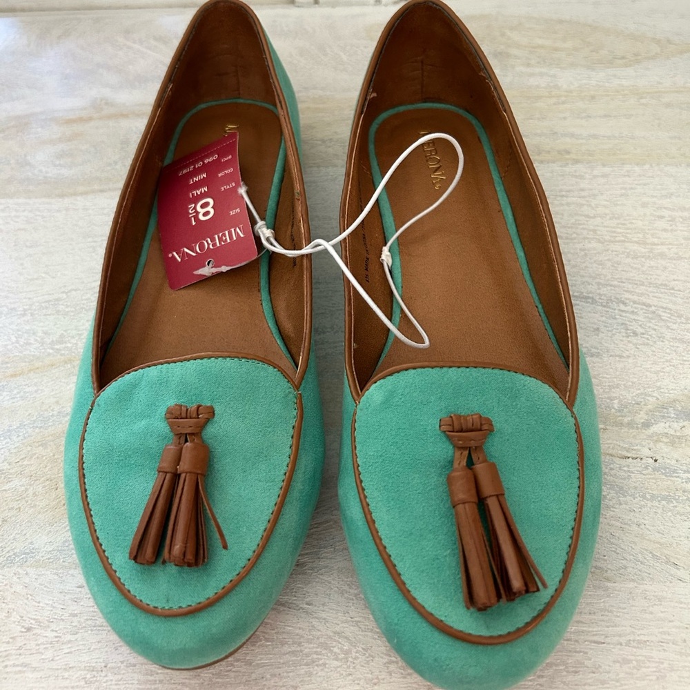 NWT MERONA Women's Mali Green Loafers Flats Shoes Brown Tassels Mint NEW SZ 8.5